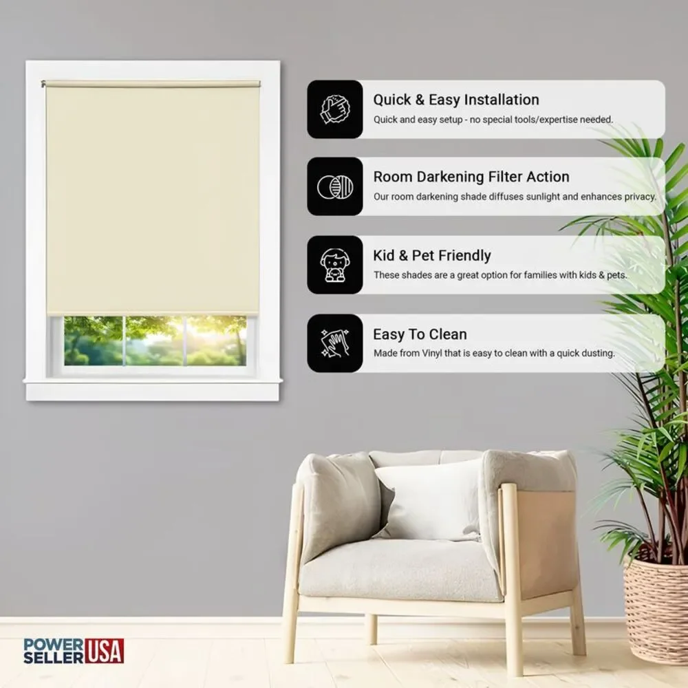 PowerSellerUSA Vinyl Roller Shades, Room Darkening 8-Gauge Thick, Cordless